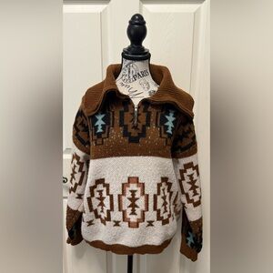 Woven Heart Zip Up Sweater in Brown and White with Geometric Design